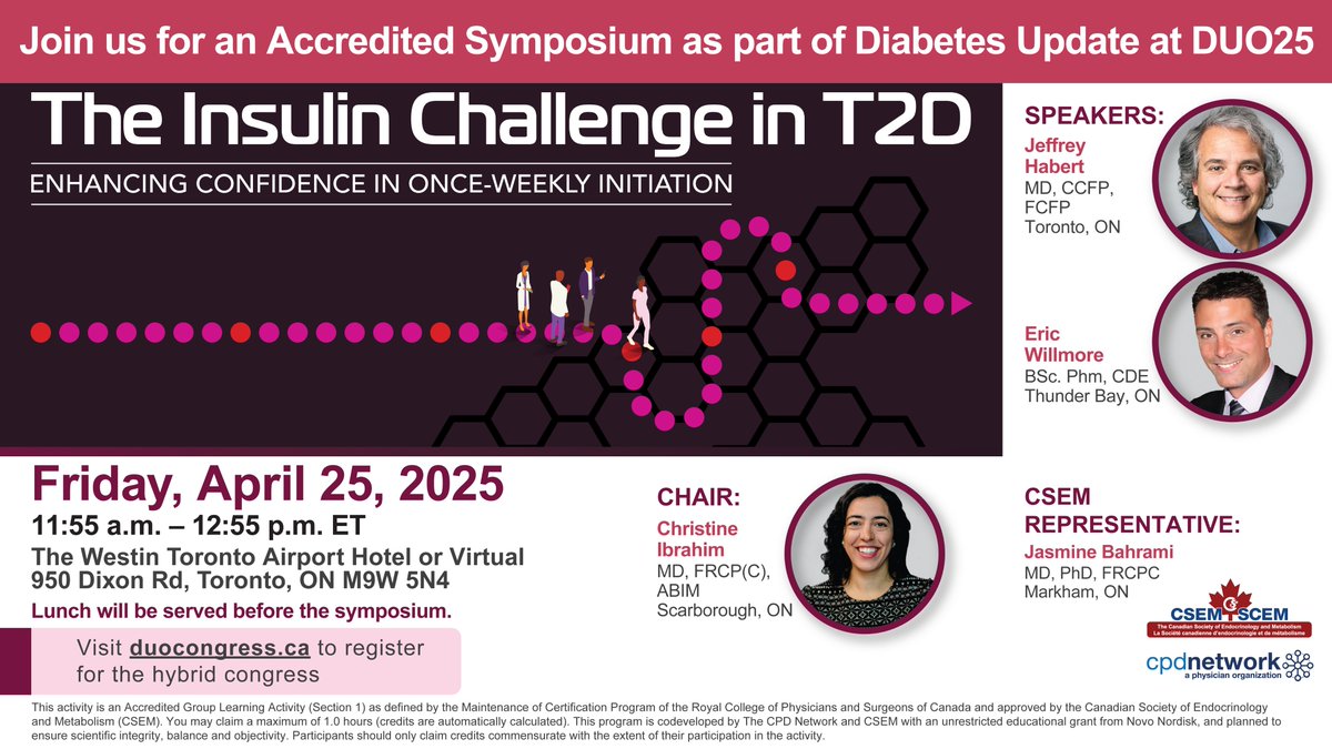 Don’t miss The Insulin Challenge in T2D at #DUOCongress! Dive into once-weekly basal insulin, real patient cases, and clinical strategies for T2D management. Today at 11:55 AM ET. Register at: duocongress.ca