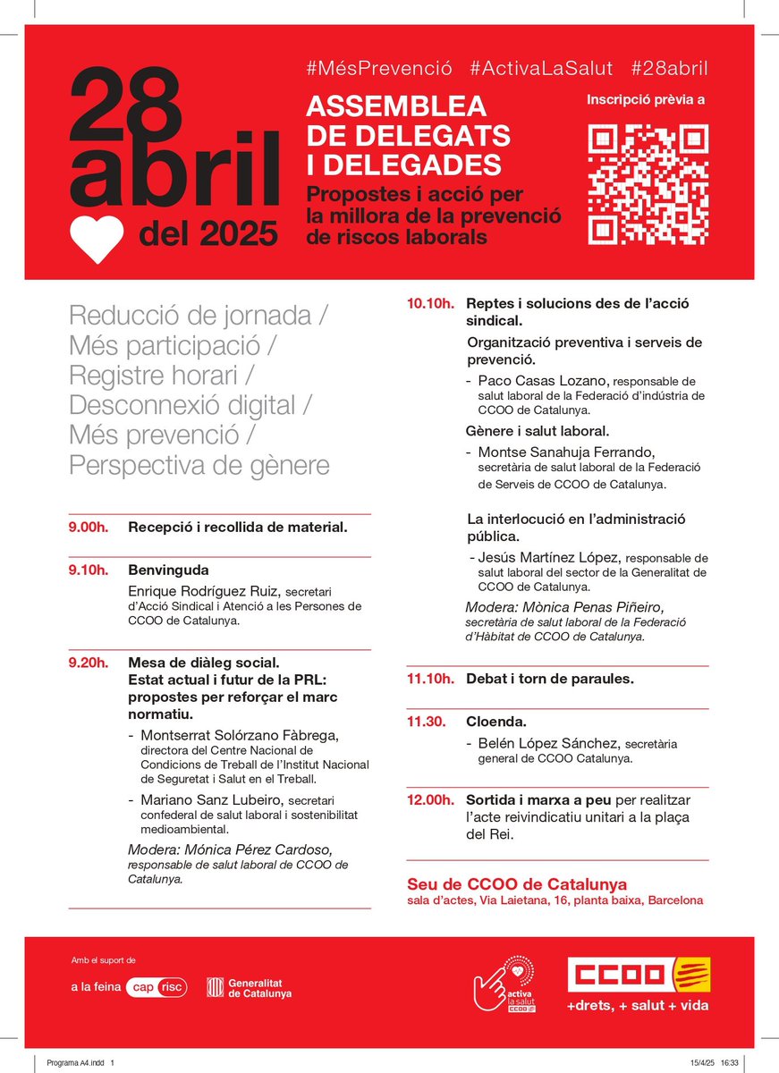 Ens veiem dilluns en la jornada #28Abril

🕘 8.40h Obertura de portes
📍Sala d'actes i espai assemblea, seu CCOO Via Laietana

#ActivaLaSalut #MésPrevenció