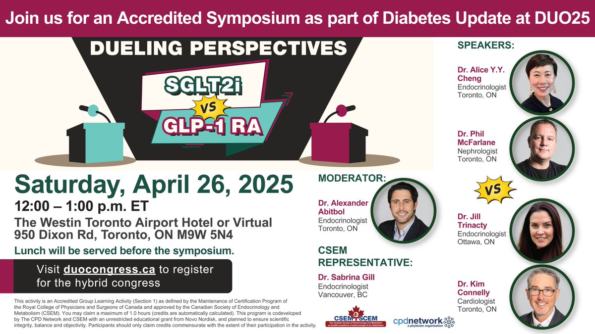 Join Dueling Perspectives – A Specialist Debate at #DUOCongress! Watch endocrinologists, cardiologists &amp; nephrologists discuss GLP-1 RA vs. SGLT2i use in T2D. Today at 12 PM ET. Register today: duocongress.ca