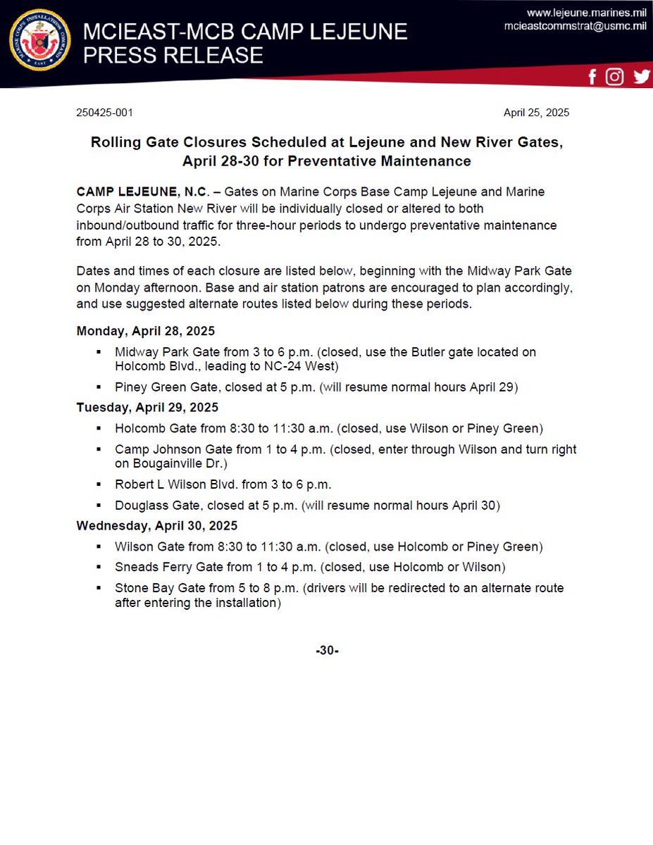 Rolling Gate Closures Scheduled April 28 Through April 30, 2025.