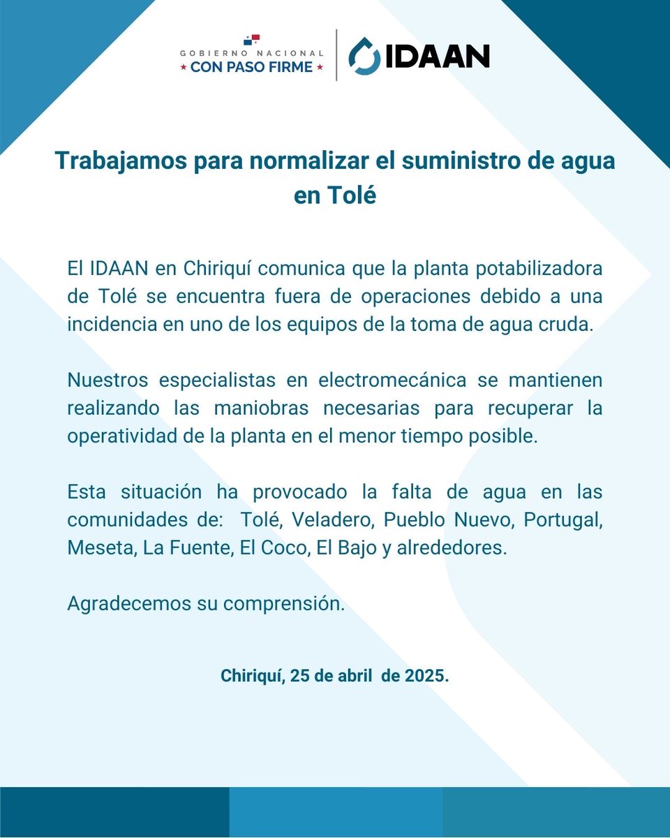 IDAANinforma's tweet image. 📍Chiriquí: 📢Informa que la planta potabilizadora de Tolé, esta fuera de operaciones debido a una incidencia en uno de los equipos de la toma de agua cruda. 🚱
Personal especializado trabajando para recuperar la operatividad. 💧 👨🔧🔧⚙️⛓️
#SomosIDAAN
#SomosAGUA