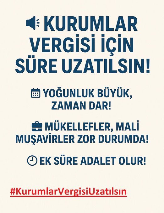 📣📣İş yükü ağır, bir de Enflasyon düzeltmesi var. Maliye Bakanı Sayın Mehmet Şimşek  2024 Kurumlar beyannamesi süre uzatım elzem oldu... .... 
<a href="/memetsimsek/">Mehmet Simsek</a>
<a href="/gibsosyalmedya/">Gelir İdaresi Başkanlığı</a>
<a href="/HMBakanligi/">T.C. Hazine ve Maliye Bakanlığı</a>
#kurumlarauzama