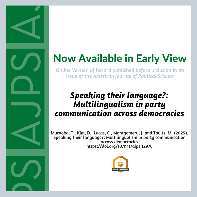 AJPS (@ajps_editor) on Twitter photo Speaking their language?: Multilingualism in party communication across democracies by Taishi Muraoka, Dahjin Kim, Christopher Lucas, Jacob Montgomery, and Margit Tavits is now available in Early View. <a href="/Jacob_Montg/">Jacob Montgomery (@jacobmontgomery.bsky.social)</a> <a href="/WUSTLPoliSci/">WashU Political Science</a> <a href="/AcadSinica/">ä¸ĺ¤®ç ”究院 Academia Sinica</a> ajps.org/2025/04/23/spe… Speaking their language?: Multilingualism in party communication across democracies by Taishi Muraoka, Dahjin Kim, Christopher Lucas, Jacob Montgomery, and Margit Tavits is now available in Early View. <a href="/Jacob_Montg/">Jacob Montgomery (@jacobmontgomery.bsky.social)</a> <a href="/WUSTLPoliSci/">WashU Political Science</a> <a href="/AcadSinica/">ä¸ĺ¤®ç ”究院 Academia Sinica</a> ajps.org/2025/04/23/spe…