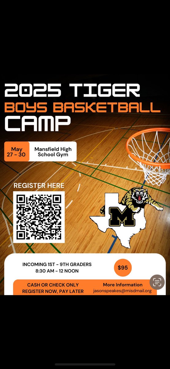 Mansfield Basketball (@mansfieldhoops) on Twitter photo Registration for the 2025 Tiger Boys Basketball Camp is now OPEN! Camp is May 27-30 at Mansfield High School, 8:30am-Noon daily. See you there for a week full of instruction, competition, and fun! <a href="/WorleyAthletics/">Worley Athletics</a> <a href="/WesterAthletics/">Wester Athletics</a> <a href="/CMMSGoldenLions/">McKinzey Athletics</a> Registration for the 2025 Tiger Boys Basketball Camp is now OPEN! Camp is May 27-30 at Mansfield High School, 8:30am-Noon daily. See you there for a week full of instruction, competition, and fun! <a href="/WorleyAthletics/">Worley Athletics</a> <a href="/WesterAthletics/">Wester Athletics</a> <a href="/CMMSGoldenLions/">McKinzey Athletics</a>