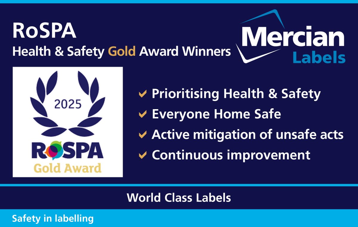 We’re delighted to announce that Mercian Labels has been awarded a prestigious RoSPA Gold Award for Health &amp; Safety Excellence.
A huge 'Thank You' to our amazing team for making Health &amp; Safety a top priority every day.
#RoSPA, #GoldAward, #GoingHomeSafe, #RoSPAWinner2025