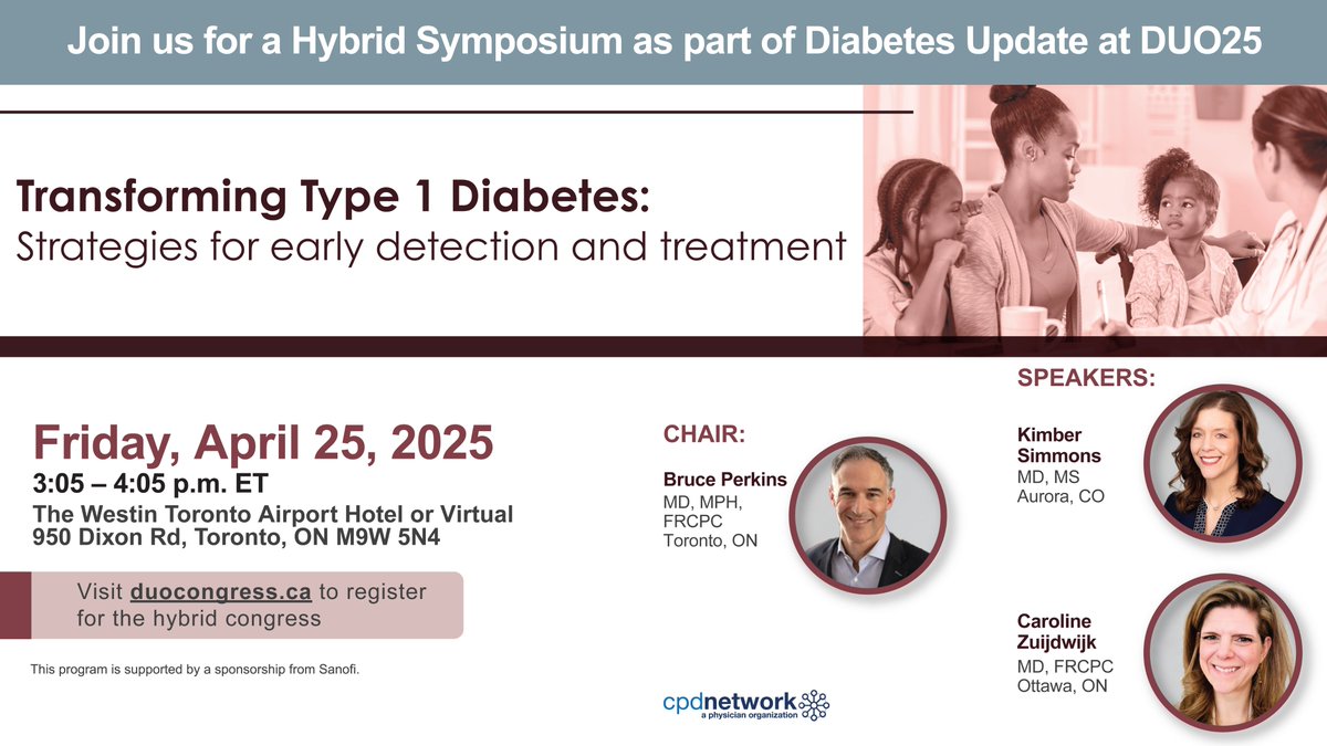 Join us at #DiabetesUpdate for a symposium on Transforming T1-Diabetes: Strategies for Early Detection and Treatment. Examine the evolving epidemiology, refine early risk assessment, and review emerging therapies to delay disease progression.
Register now: duocongress.ca