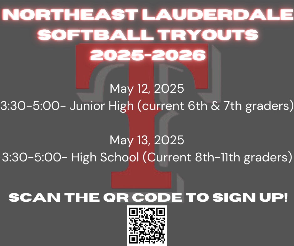 Tryouts for the upcoming school year will be held on May 12 and May 13. Please fill out the Google Form to let us know you plan to tryout. If you have any questions, you can contact Coach McKnight. 

docs.google.com/forms/d/1Te2W9…

#NESoftball #TrojanPride