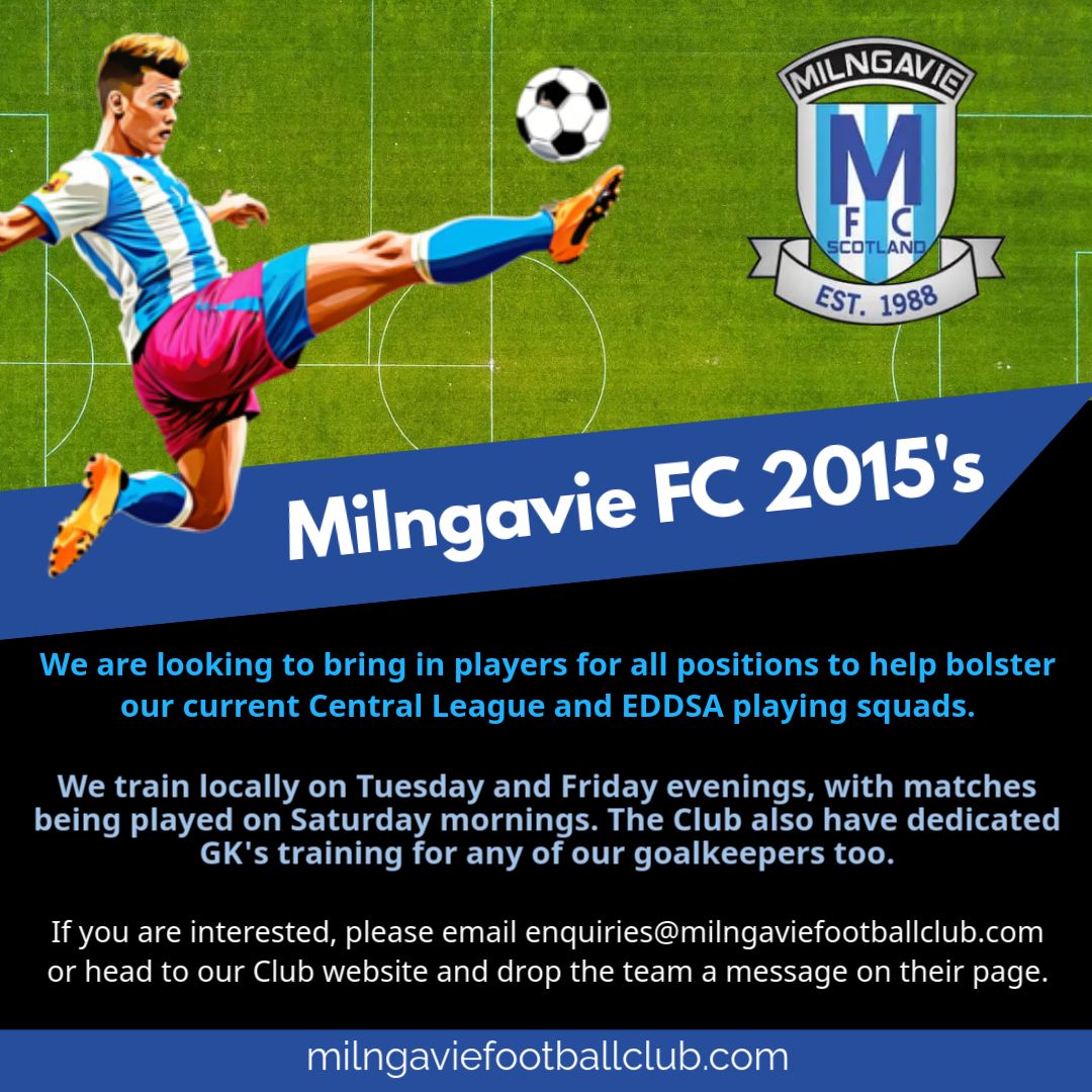 !! PLAYERS WANTED !!

Milngavie FC 2015's are looking to bring in some players to help bolster their current playing squad.

If you are interested, follow the details on the post! 
#milngaviefc #playersearch #playerfinder #findateam