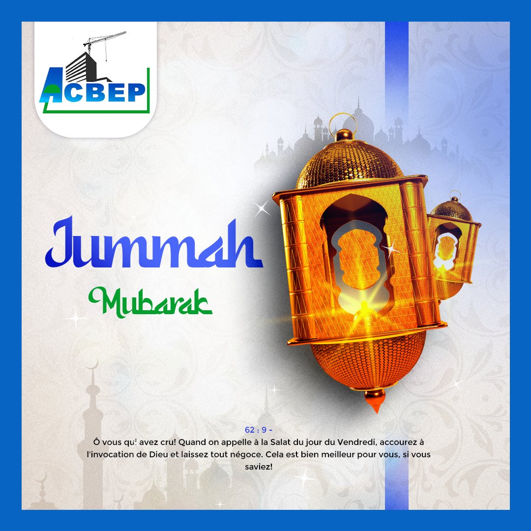 acbep2022's tweet photo. 🕌✨ Chère communauté, Jummah Moubarak !
En ce jour béni, @acbep2022 vous adresse ses vœux de paix, de sérénité et de bénédictions.
Puisse ce vendredi raffermir notre foi et renforcer nos liens de solidarité.
🤲🏽💫
#JummahMoubarak #ACBEP #VendrediBéni https://t.co/SwzRpebZ7a