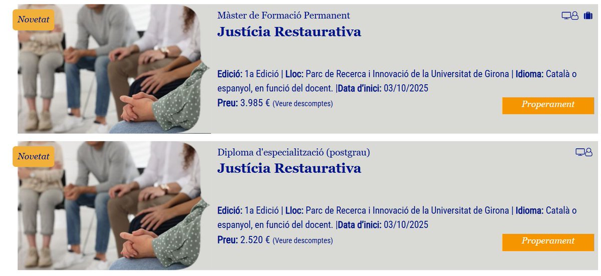 Contentes d'anunciar-vos que des de la UdG impulsem un Màster i un Diploma d'Especialització en Justícia Restaurativa.   

Teniu info al web 
Master: fundacioudg.org/ca/master-just…
Diploma: fundacioudg.org/ca/diploma-esp…

I qualsevol qüestió que se us plantegi, a disposar