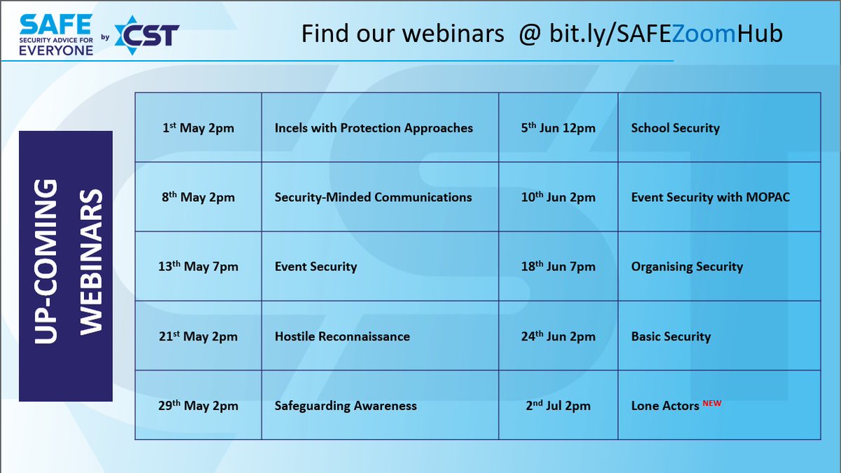 Join SAFE's FREE webinars!
Register on our Zoom Hub: bit.ly/SAFEZoomHub
And if you'd like to host a free talk/webinar for your community - get in touch!

#TrainingTogether #Security #SecurityInfo  #community
