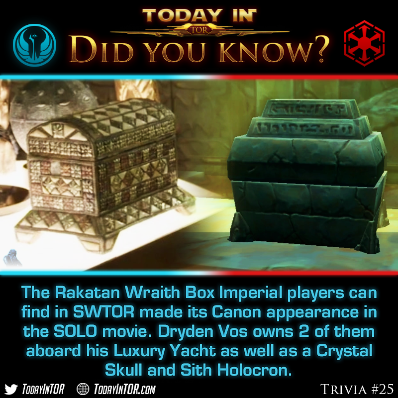 Did You Know that a Rakatan Wraith Box from #SWTOR is one of many references to the Rakatan Empire that has appeared in SOLO, Rogue One and Andor?

There are many other references to the Old Republic era across the new canon.
See todayintor.com/2022/06/08/sol…

#andor #starwars
