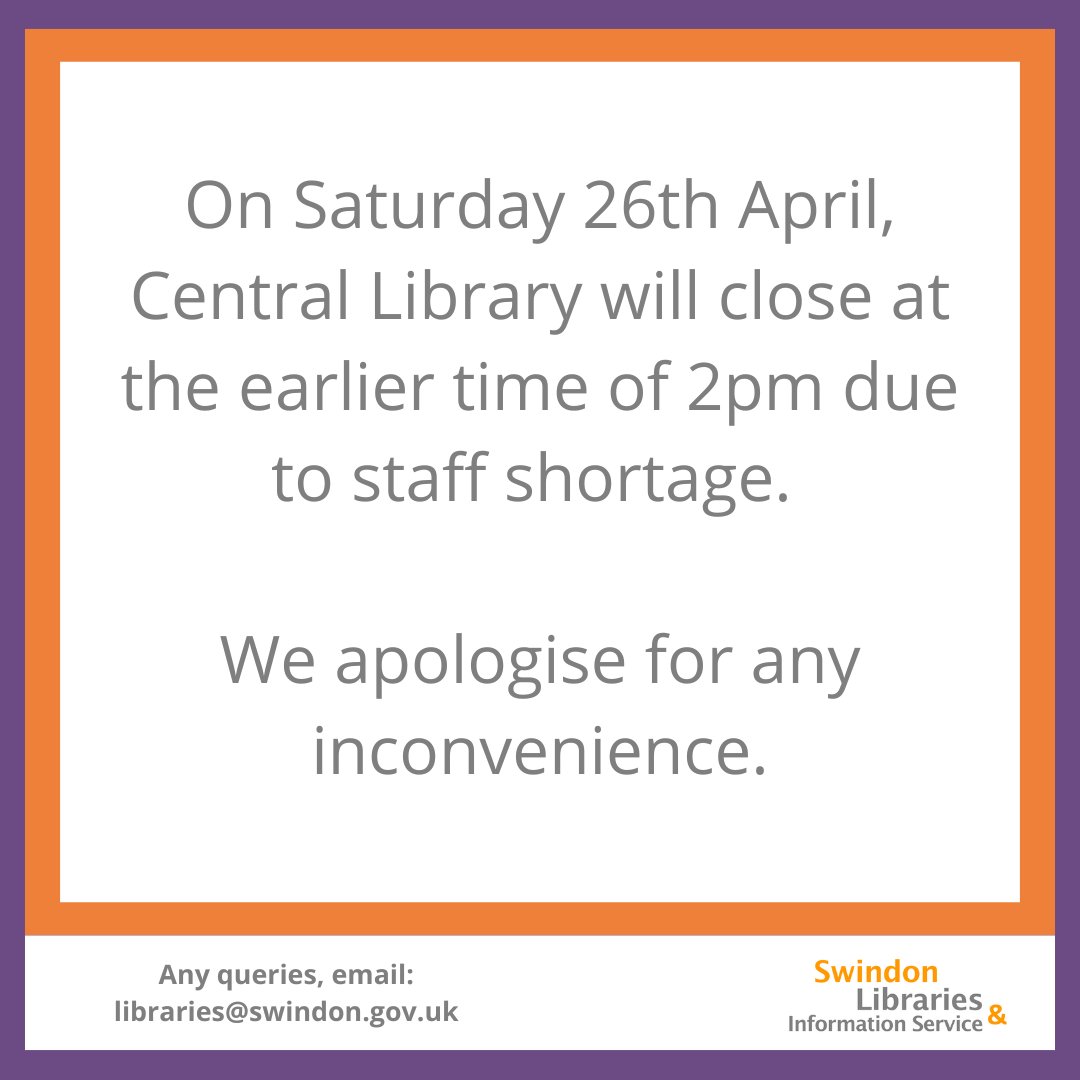 Please note that on Saturday 26th April, Central Library will close at the earlier time of 2pm due to staff shortage. We apologise for any inconvenience.