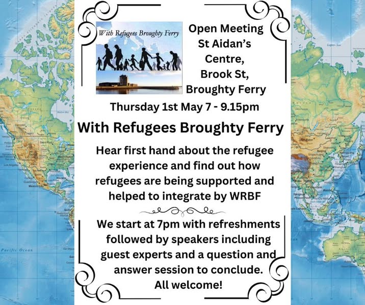 WithRefugees's tweet image. Our friends With Refugees Broughty Ferry are hosting an open meeting where you can find out about the work with refugees in the area and hear from their experiences. Do stop by and say hello if you're in Dundee! Thurs 1 May, 7-9pm #withrefugees