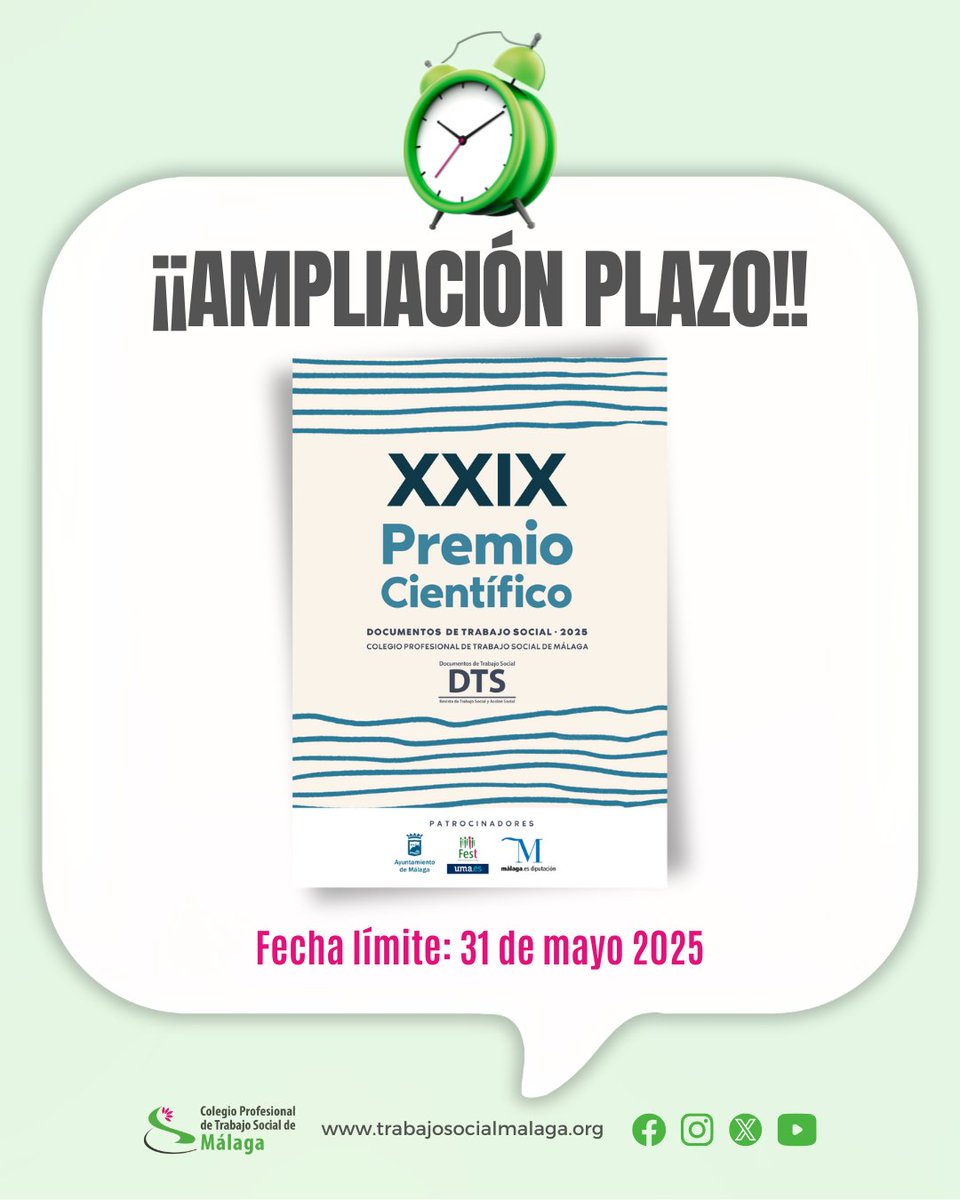 📣 ¿Quieres participar en la XXVIII Edición del #PremioCientífico de la Revista DTS? Aún estás a tiempo. Puedes enviar tu trabajo hasta el 28 de mayo 🗓️.

¡¡Anímate a #participar ✍️ y difunde🗣️!!

📲Accede a las bases del mismo en trabajosocialmalaga.org/revista-dts/pr…