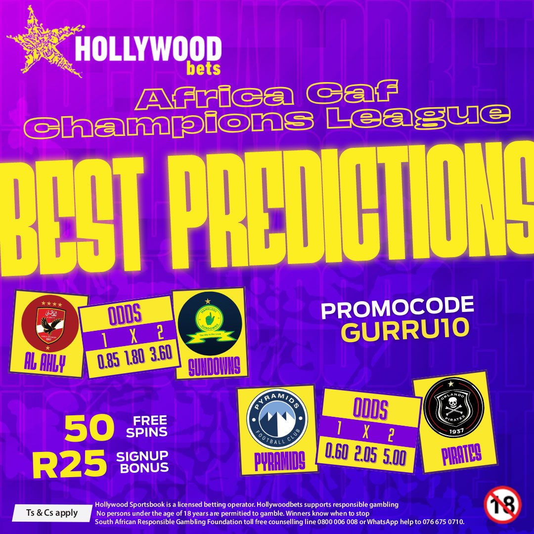 Let’s bet on CAF today on #HollywwodBets 💜

Al Ahly vs Mamelodi Sundowns
Pyramids vs Orlando Pirates 

Not yet on #Hollywoodbets? 

Use promo code: GURRU10 or link in bio for R25 signup bonus + 50 Free Spins. 🎁
Link: bit.ly/GURRU10

Ts&amp;Cs apply 18+ Bet responsibly. 💜