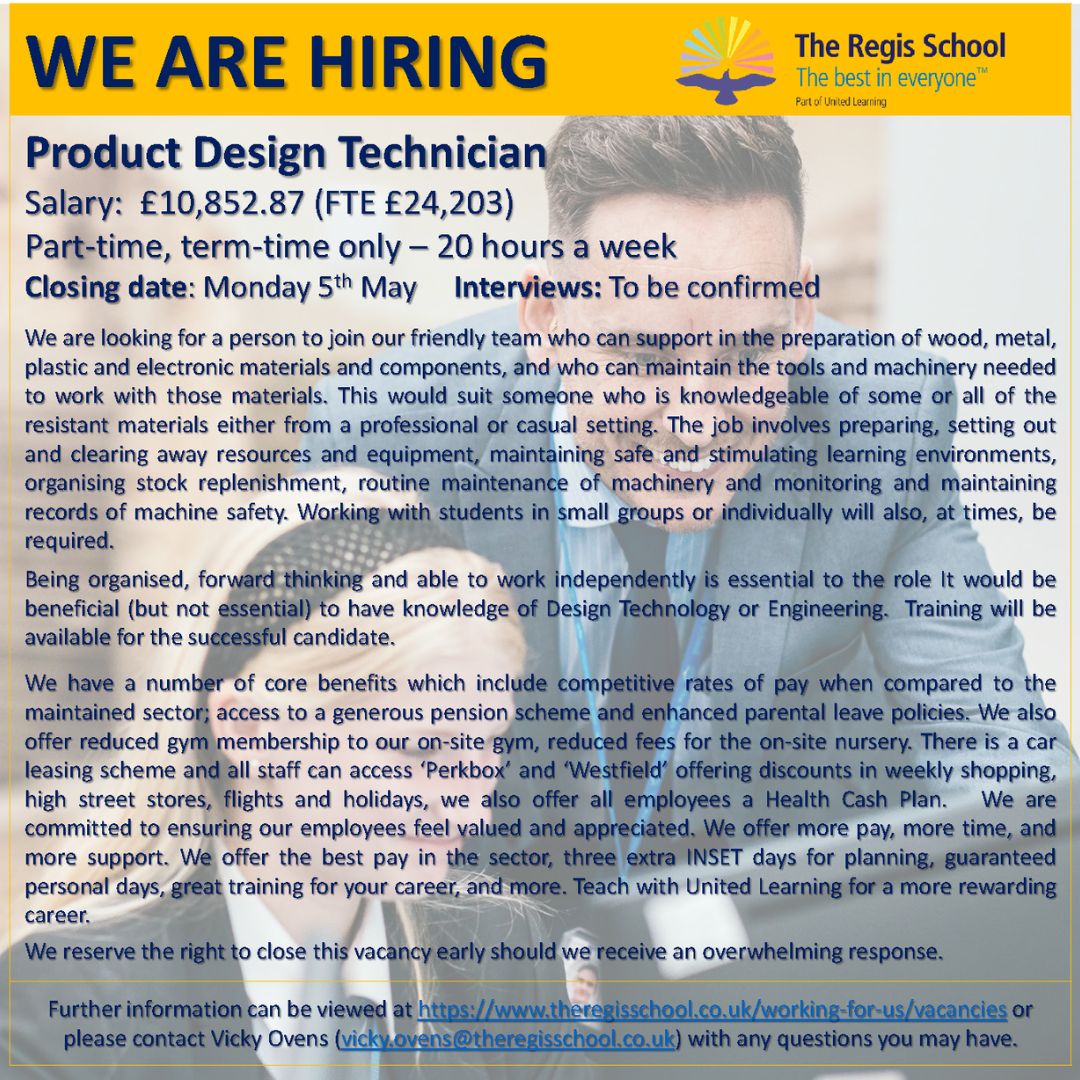 We are looking for a person to join our friendly team who can support in the preparation of wood, metal, plastic and electronic materials and components, and who can maintain the tools and machinery needed to work with those materials.
theregisschool.co.uk/working-for-us…