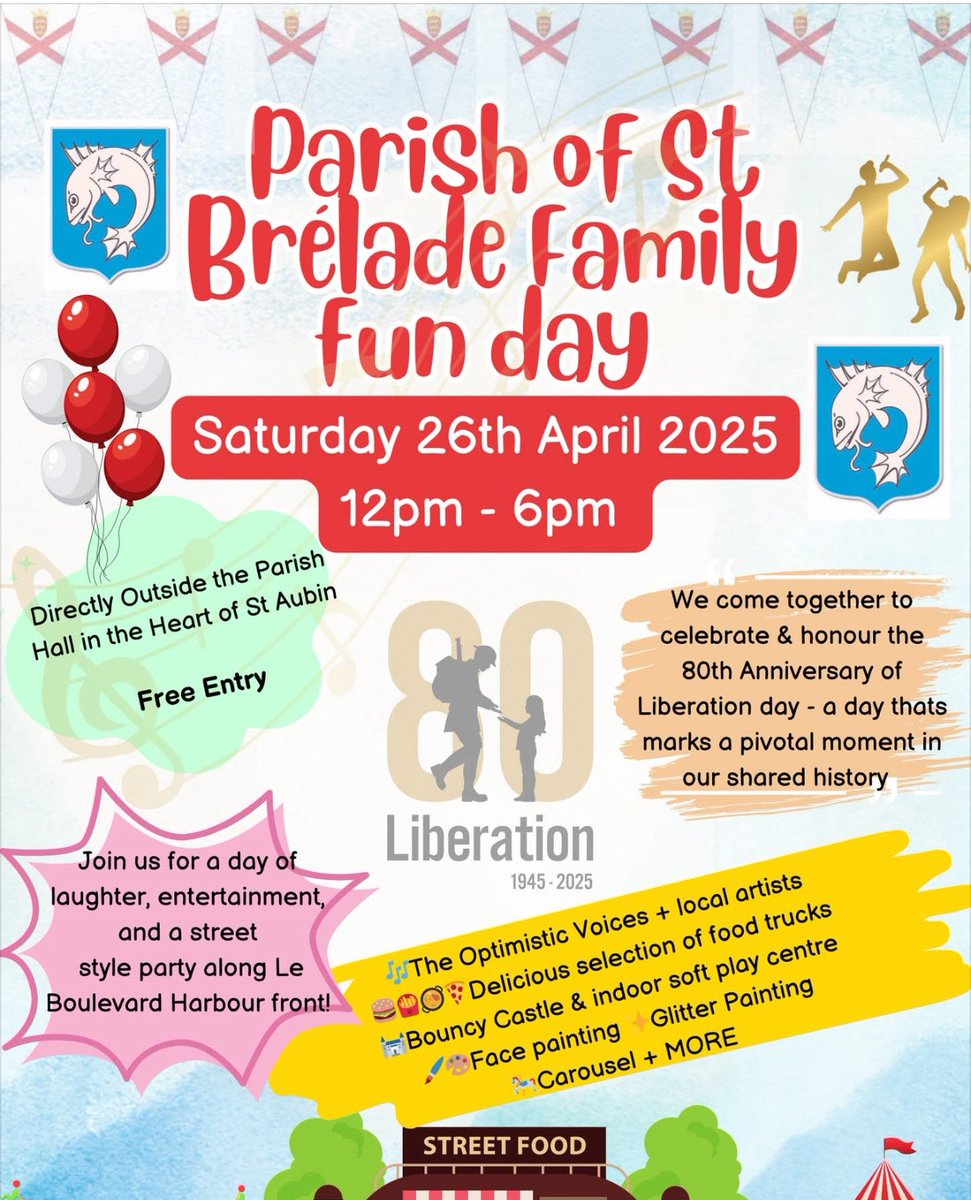 Come on down to us in Parish of St. Brélade. 

Tomorrow we  begin our celebrations of 80 years of #jerseyci freedom 🇯🇪

Join our street style, family fun, food festival in the heart of our Parish. 

Best of local food and live music to celebrate.

Everyone is welcome. 

MJ.
