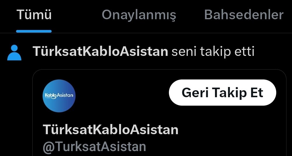 Yahu benim derdim sizce takipçi kasmak mı? Ben 8 gündür bi işi çözemediniz diyorum; siz beni takibe alıyorsunuz. Hani nerde çözüm? <a href="/TurksatAsistan/">TürksatKabloAsistan</a>  <a href="/kablotv/">Kablo TV | Türksat Fiber İnternet</a>  <a href="/KablonetG/">Kablonet KabloTV Genel</a>