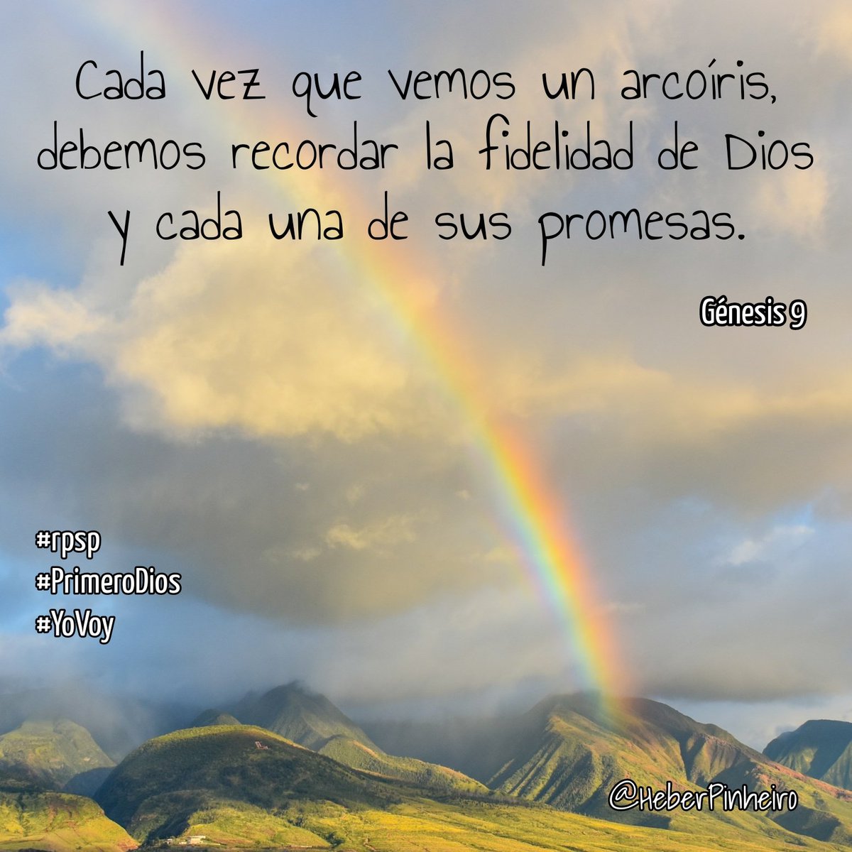 Ge9 Noé bajó del arca a una tierra despoblada de vida humana. Pero Dios le hizo una promesa tranquilizante:  Nunca más habría una destrucción ocasionada por un diluvio; un arco iris brillaría cuando lloviera como señal de que Dios cumpliría su promesa. Dios es fiel #rpsp