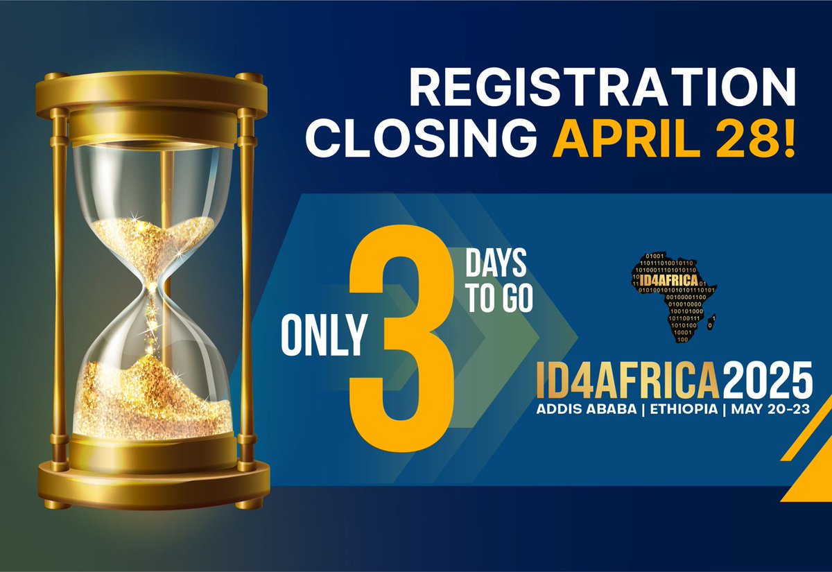 ⌛️Registration for ID4Africa 2025 closes April 28!

You will not want to miss this amazing experience as the ID4AD community gathers in Addis Ababa, May 20-23.

Register today and secure your spot.

Registration: id4africaevents.com/2025/registrat…

See you in Addis!