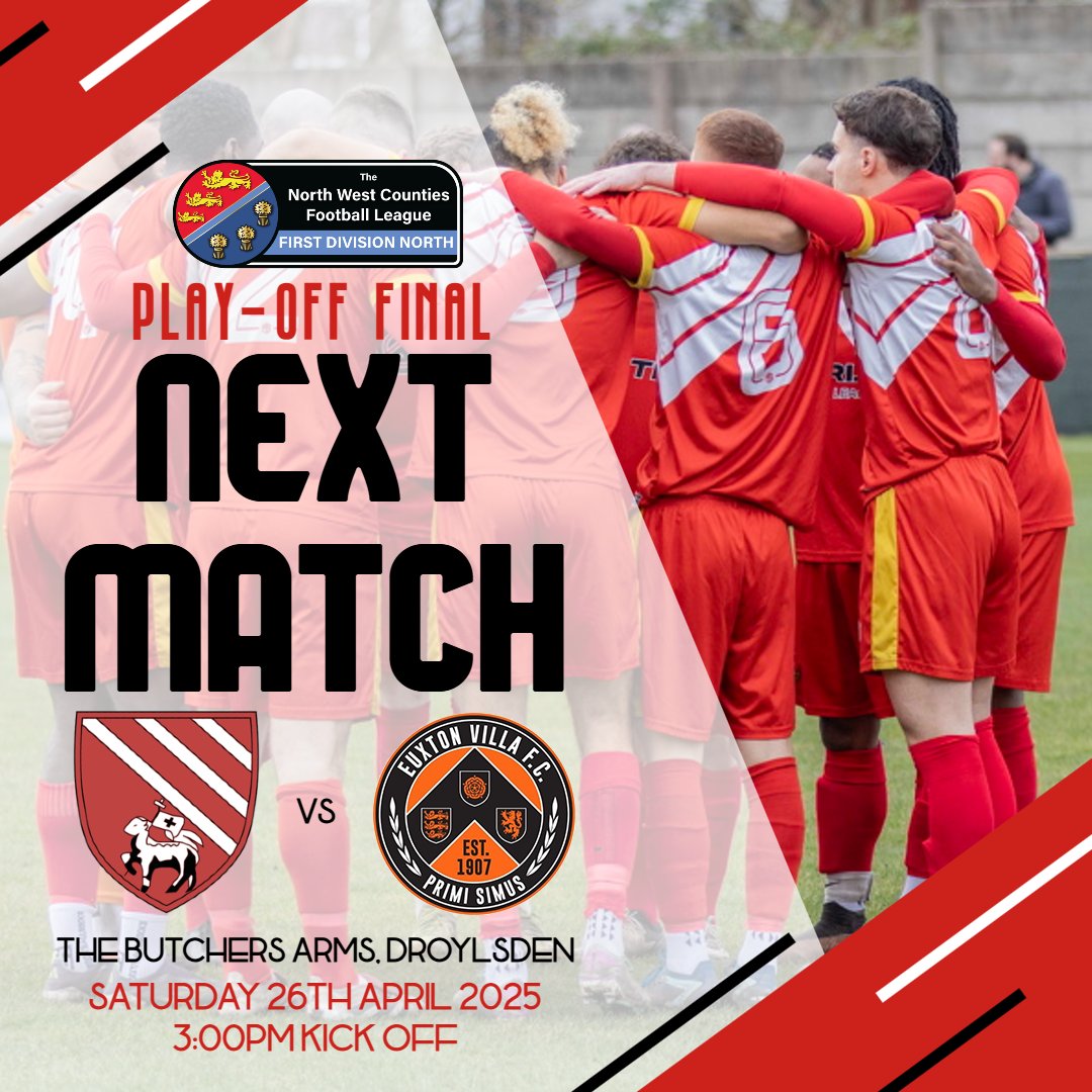 TOMORROW..... THE PLAY-OFF FINAL!

🆚 <a href="/EuxtonVillaFC/">EuxtonVillaFC (P)</a>
🏟️ The Butchers Arms
🏆 <a href="/nwcfl/">The NWCFL ⚽️</a> 1DN Play-off Final!
📅 Sat 26th April 2025
⌚ 3:00PM KO
🎟️ £6 Adults / £4 Concessions
📖 Programme £2.00
💳 Cash and Card
🐶 Dogs welcome

THE SEASON COMES DOWN TO THIS! 

#UpTheBloods