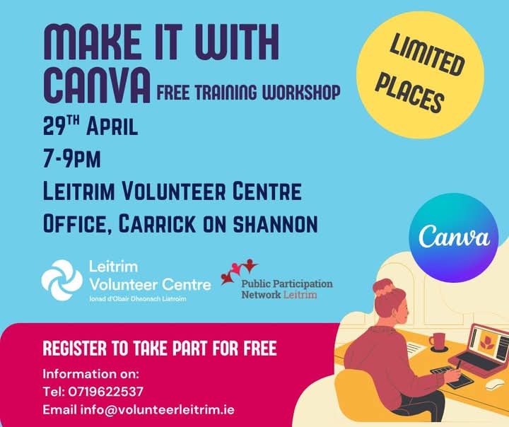 Leitrim PPN (@ppnleitrim) on Twitter photo 💥💥
FREE Training with Leitrim PPN & Leitrim Volunteer Centre
Tue 29th April
Canva/ Social Media
7 to 9pm at Leitrim Volunteer Centre
Email:- info@leitrimppn.ie or info@volunteerleitrim.ie to register.
Or register here bit.ly/3EpgEXj 💥💥
FREE Training with Leitrim PPN & Leitrim Volunteer Centre
Tue 29th April
Canva/ Social Media
7 to 9pm at Leitrim Volunteer Centre
Email:- info@leitrimppn.ie or info@volunteerleitrim.ie to register.
Or register here bit.ly/3EpgEXj