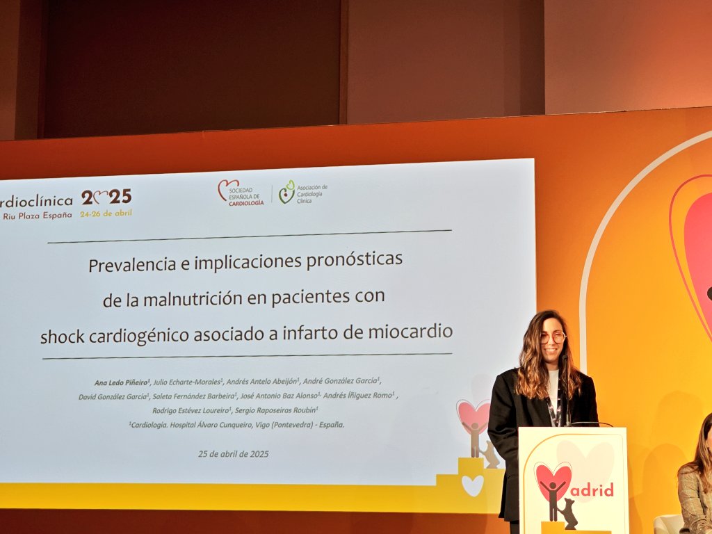 Cardiología Vigo (@resiscardiovigo) on Twitter photo Nuestra R5, la Dra. Ana Ledo <a href="/Alepineiro_/">Ana Ledo Piñeiro</a>, ha presentado los resultados sobre la prevalencia de malnutrición en pacientes con shock cardiogénico 🫀💥 <a href="/secardiologia/">Soc Esp Cardiología</a> <a href="/clinica_sec/">Asociación Cardiología Clínica SEC</a> Nuestra R5, la Dra. Ana Ledo <a href="/Alepineiro_/">Ana Ledo Piñeiro</a>, ha presentado los resultados sobre la prevalencia de malnutrición en pacientes con shock cardiogénico 🫀💥 <a href="/secardiologia/">Soc Esp Cardiología</a> <a href="/clinica_sec/">Asociación Cardiología Clínica SEC</a>