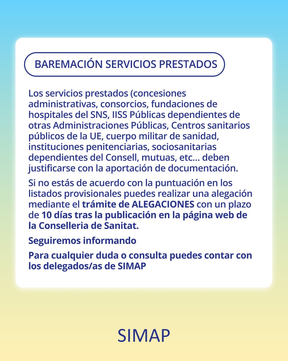📢 Baremación servicios prestados (OPE 2024):
🗓 Méritos hasta el 30/09/2024.
✅ Servicios en centros públicos de Sanitat: valoración automática.
📄 Otros servicios deben justificarse.
📌 Alegaciones: 10 días tras los listados.

#OPE2024 #SanidadPública #SIMAPInforma