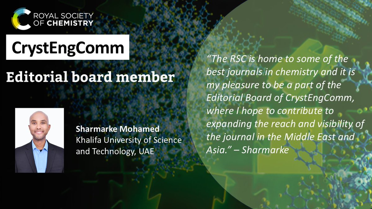CrystEngComm (@crystengcomm) on Twitter photo 🎉We are delighted to welcome Professor Sharmarke Mohamed to the CrystEngComm Editorial Board!
Find out more about <a href="/DrSharmarke/">Sharmarke Mohamed</a> 👀👇
rsc.org/journals-books… 🎉We are delighted to welcome Professor Sharmarke Mohamed to the CrystEngComm Editorial Board!
Find out more about <a href="/DrSharmarke/">Sharmarke Mohamed</a> 👀👇
rsc.org/journals-books…