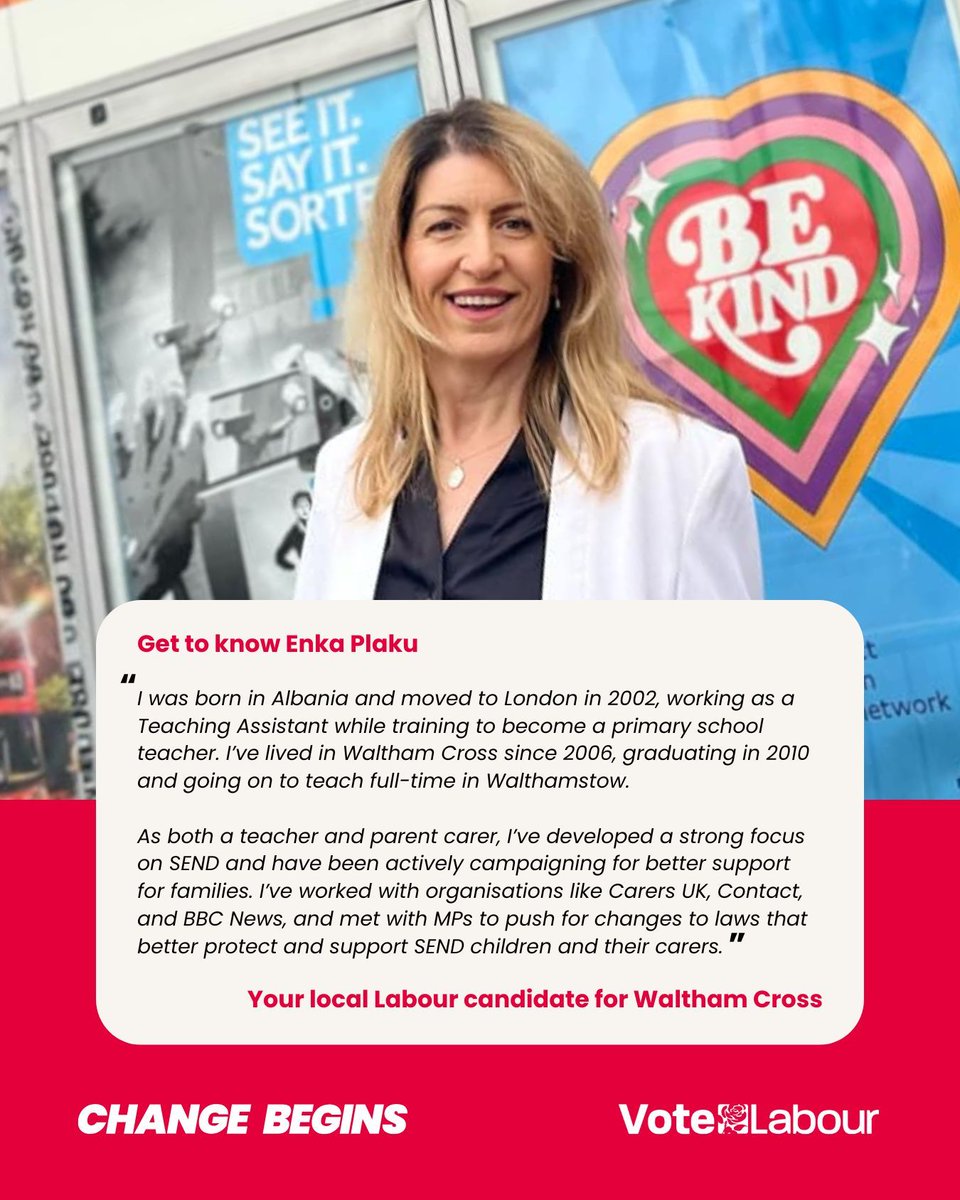 🙋‍♀️ Get to know Enka Plaku better, your local Labour candidate for Waltham Cross.

🗳️ Remember to vote Labour on Thursday 1 May. 🌹 

👤 And don't forget you need Photo ID to vote.