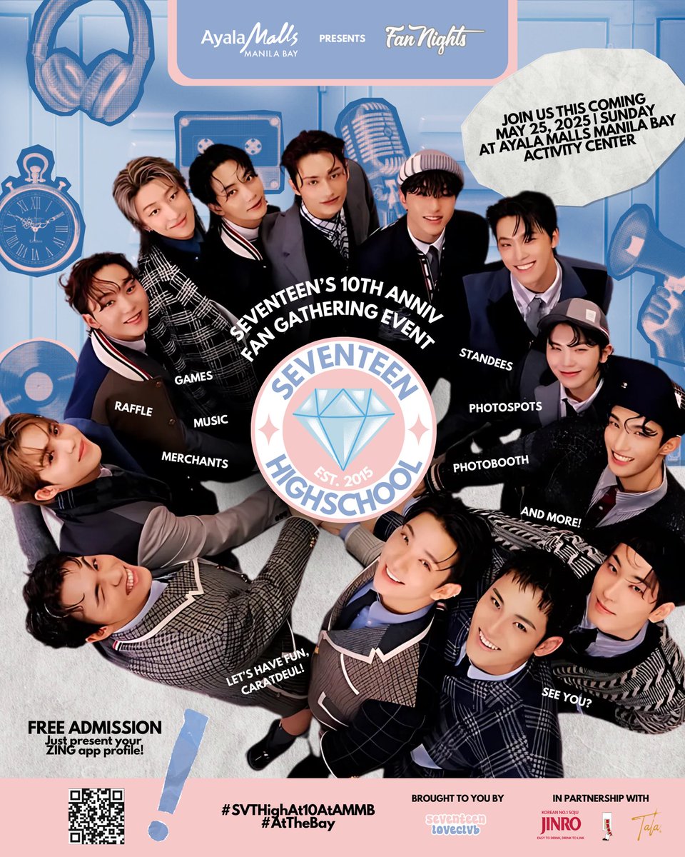 svtloveclvb's tweet photo. CARATs, are you ready? 

Established in 2015, SVT HIGHSCHOOL is celebrating its 10th founding anniversary! Join us as we celebrate this milestone #AtTheBay! 🤍

🗓️ May 25, 2025 | SUNDAY
📍 Ayala Malls Manila Bay Activity Center

A whole day filld with fun and all things SEVENTEEN. We can't wait to see you all!Don't forget to pre-register below.

Confirm attendance here: https://t.co/e1XvFxSwbz

This event is in partnership with JINRO PH, Fotografi MNL, and Tala By Kyla

#SVTHighAt10AtAMMB #FanNightsAtAMManilaBay