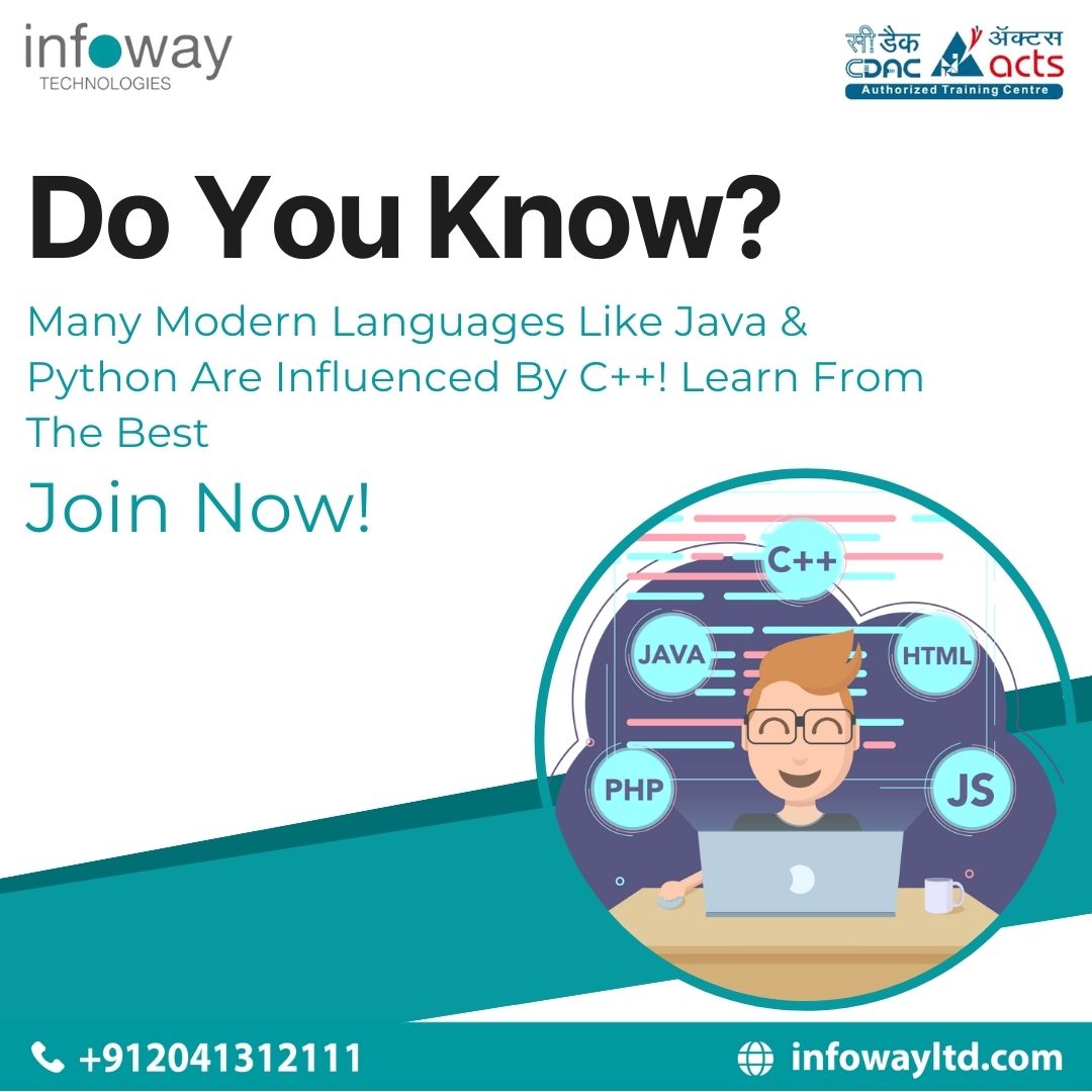InfowayLtd's tweet image. C++ influenced Java &amp;amp; Python! 🚀Join now and master the best! 💻 

🌍infowayltd.com
 📲+912041312111

 #CodeWithCPlusPlus #CodingFacts  #LearnComputing #InfowayTechnologies #ITTraining #FutureReady #TechCareers #PlacementSuccess #ITTraining  #Kothrud #Pune #Infoway
