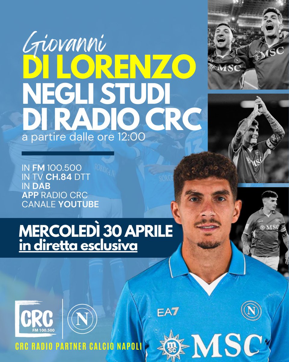#SaveTheDate 🗓️ Mercoledì 30 aprile a partire dalle 12:00 sarà ospite negli studi di Radio CRC il capitano della #SSCNapoli, Giovanni #DiLorenzo 💙🔥

📻 FM 100,5 MHZ
su crcnews.it o CH 84 del digitale terrestre 📺
📲 sull’app di #RadioCRC
in live su YouTube▶️