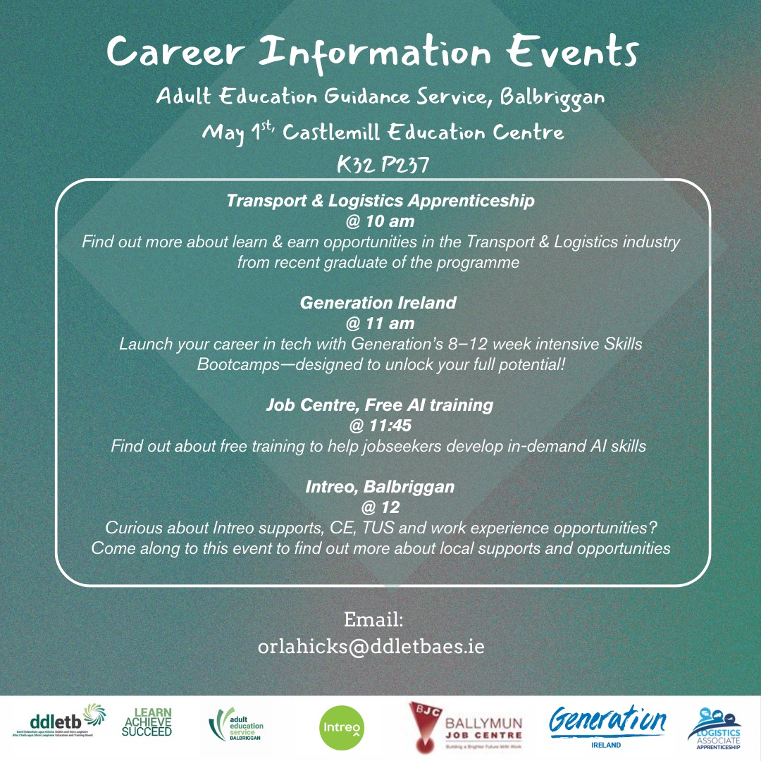 Career Information Event on the 1st of May in Castlemill Education Centre. bit.ly/3YNfQlI  <a href="/ddletb/">Dublin & Dún Laoghaire ETB</a> @solasfet @generation_ie
