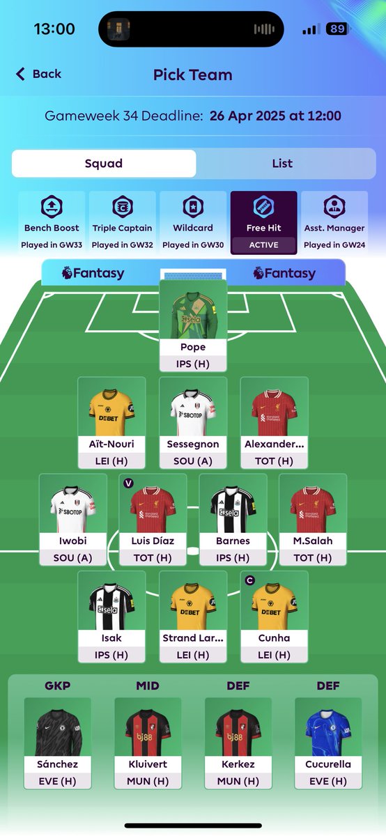 emati_1's tweet photo. @thefplbois Focusing on fixtures but including some differentials sucha as JSL, TAA and Iwobi https://t.co/DmVc8MW88K