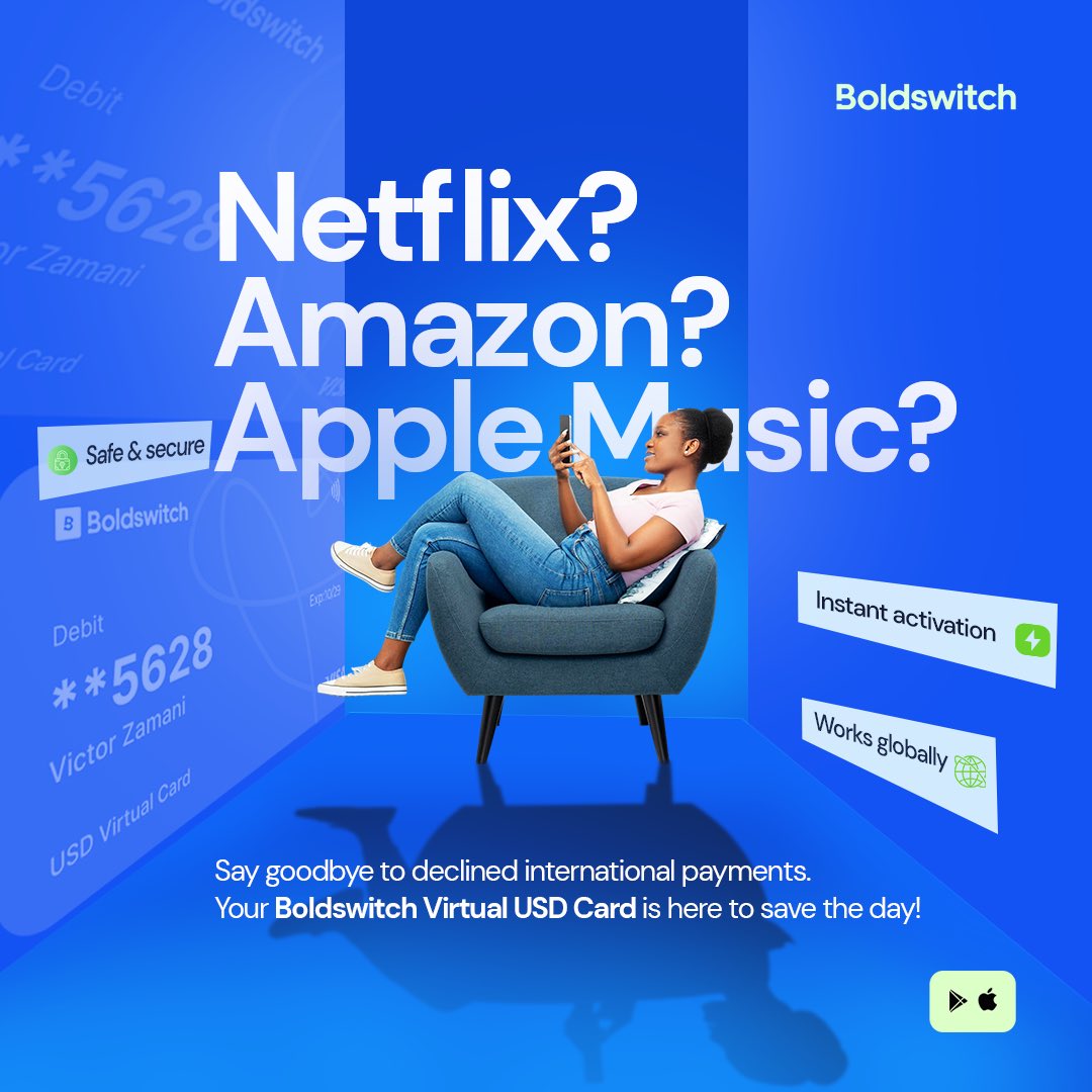 boldswitch_ng's tweet photo. Tired of “payment declined” ruining your streaming or shopping?
Get a virtual USD card that just gets it done. 🌍💳
No stress. No limits. Just seamless international payments.

Tap the link in bio to get yours instantly!✨

#Boldswitch #VirtualCard #USDCard #NoMoreDeclines #OnlineShoppingMadeEasy #StreamWithoutLimits #FintechVibes