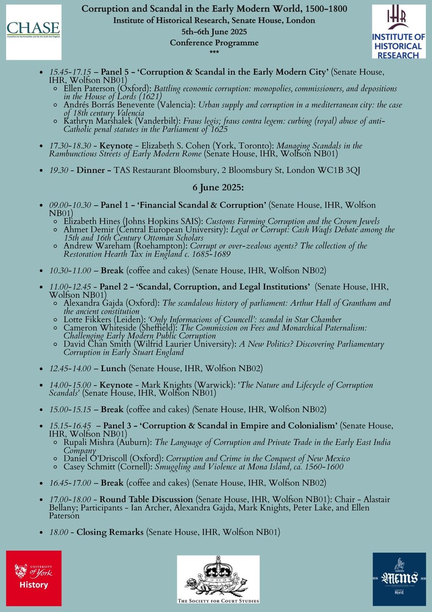Registration is now open for 'Corruption and Scandal in the Early Modern World, 1500-1800' on 5th and 6th June: eventbrite.com/e/corruption-a… 
Join us at the IHR or online for what promises to be an exciting conference!
