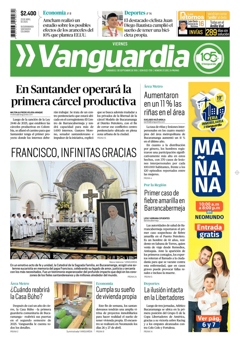 ¡Buenos días! 🌤️ Feliz Viernes ☁️🌧

Compartimos la portada de nuestra edición impresa de hoy 25 de abril

Inicie su mañana con las noticias destacadas del día en Vanguardia.com 📲