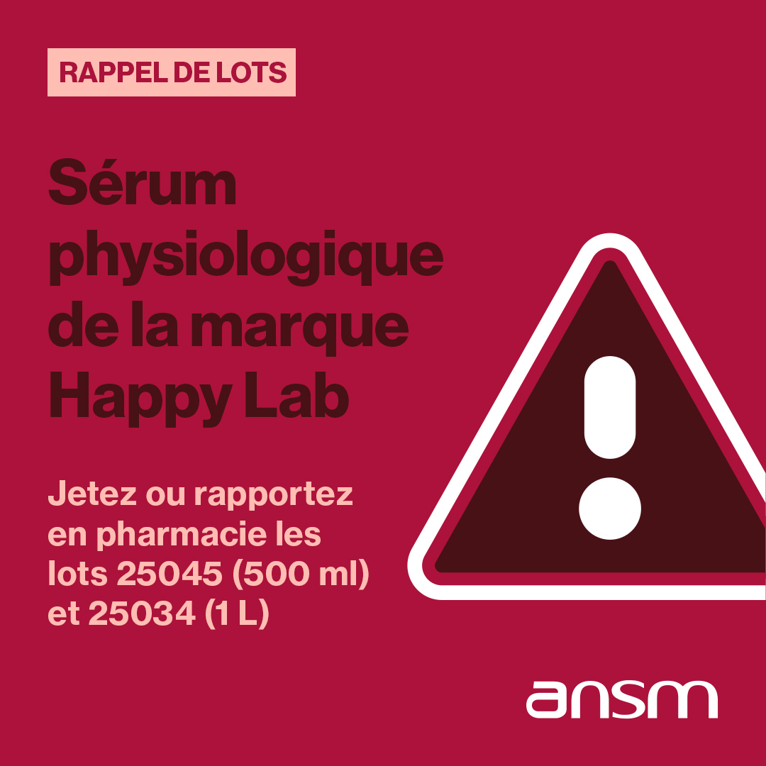 ansm's tweet image. ⚠️Rappel du lot 25045 (500 ml) de sérum physiologique Happy Lab en raison de la présence possible de traces d’alcool de nettoyage

Le lot 25034 (1 L) est aussi potentiellement concerné

👉N'utilisez pas ces lots: rapportez-les en pharmacie ou jetez-les

🔗ow.ly/CFEm50VHFhS