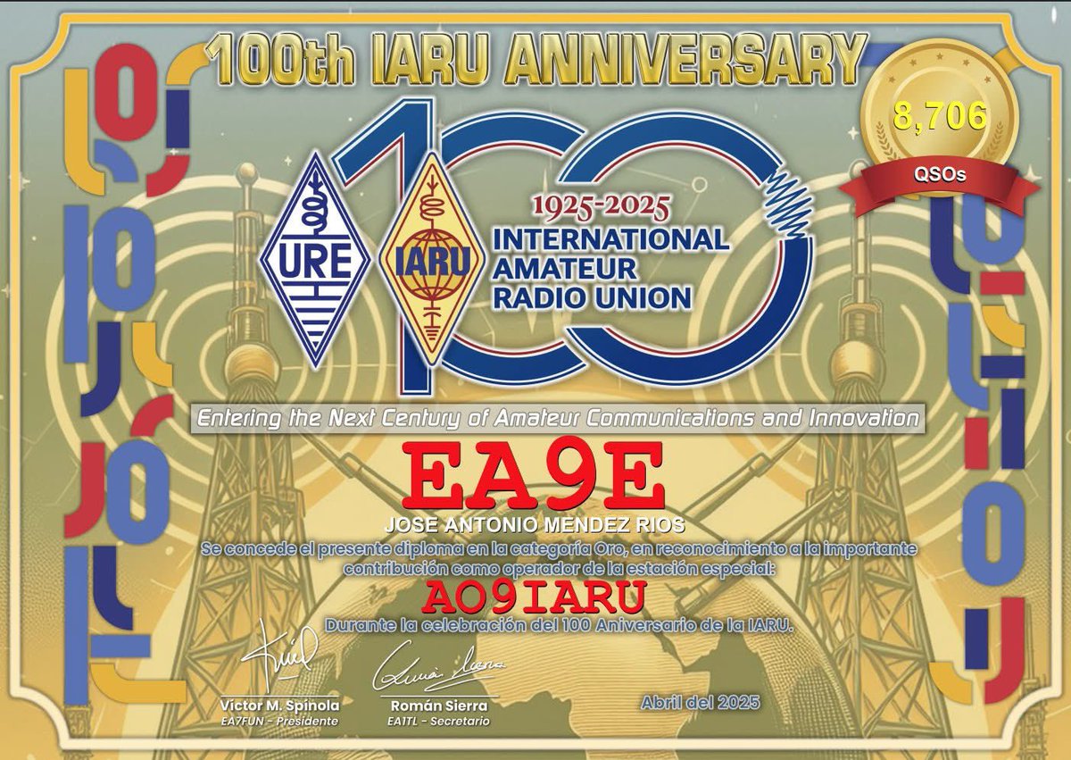 EA9E JOSE A. MENDEZ (@ea9e_jose) on Twitter photo Ya tenemos los tres diplomas del #IARU100 organizado por <a href="/ure_es/">Unión de Radioaficionados Españoles</a> Ya tenemos los tres diplomas del #IARU100 organizado por <a href="/ure_es/">Unión de Radioaficionados Españoles</a>