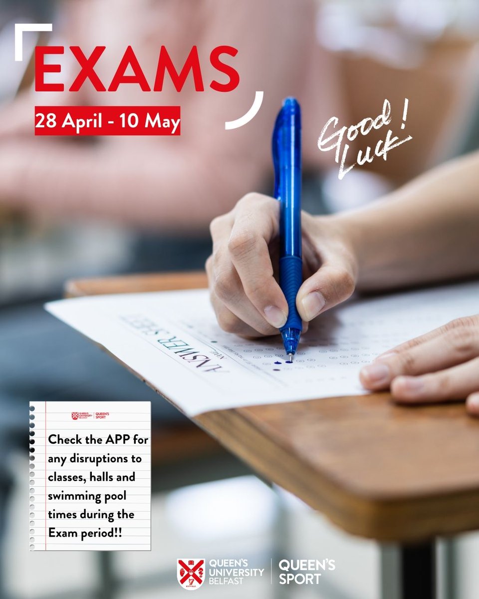📢 Queen’s Sport will host exams from 28 Apr–9 May.

❌ Main and Minor Halls will be unavailable.
❌ Swimming Pool, Strength &amp; Conditioning, Dojo, and Squash Courts 1–4 will be closed during exam times.
📲Check the Queen’s Sport app for bookings.
Good luck to all sitting exams!
