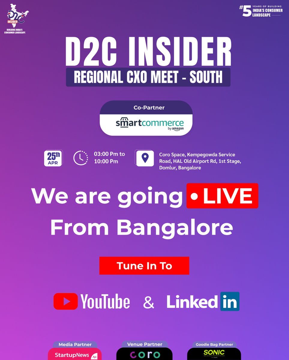 Get ready to POWER UP your D2C strategy! 💪 We're LIVE from Bangalore with the game-changing D2C Insider Regional CXO Meet - South! Join us on YouTube &amp; LinkedIn!

Youtube Live - youtube.com/live/2LuVMZ3MB…

Linkedin Live - linkedin.com/events/d2cinsi…