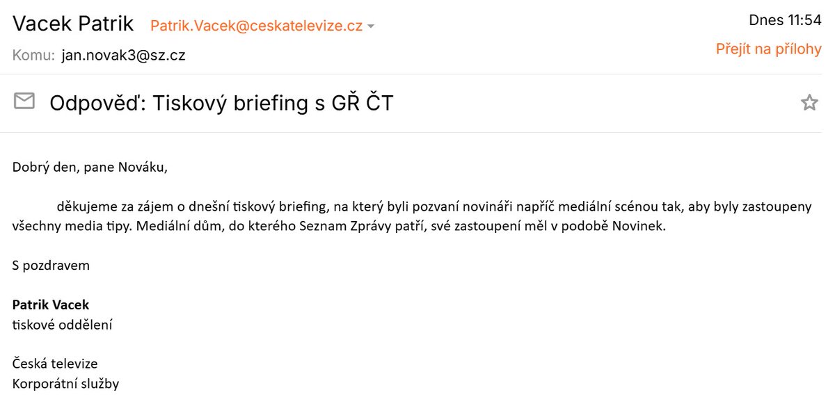 Jan_p_novak's tweet photo. Ani @SeznamZpravy nebyly připuštěny na dnešní tiskovou konferenci @CzechTV.  S touto argumentací jsem se ještě nesetkal. https://t.co/ywwaDbAS5w