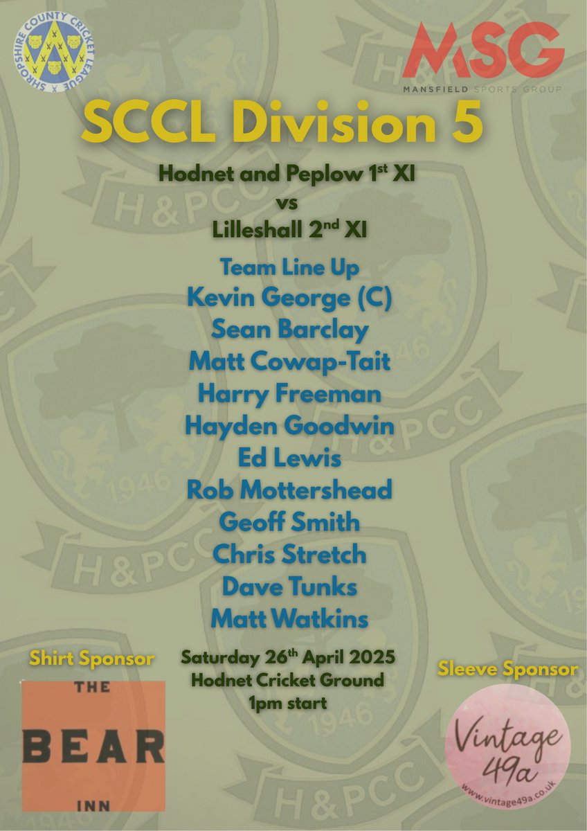 Hodnet and Peplow Cricket Club (@hodnetpeplowcc) on Twitter photo Here's our first line up of the new <a href="/ShropCCLeague/">ShropshireCCLeague</a> <a href="/mansfieldsportg/">Mansfield Sports Group</a> season, home fixture vs <a href="/LilleshallCC/">Lilleshall CC</a> 2nd XI. #GoWell Here's our first line up of the new <a href="/ShropCCLeague/">ShropshireCCLeague</a> <a href="/mansfieldsportg/">Mansfield Sports Group</a> season, home fixture vs <a href="/LilleshallCC/">Lilleshall CC</a> 2nd XI. #GoWell