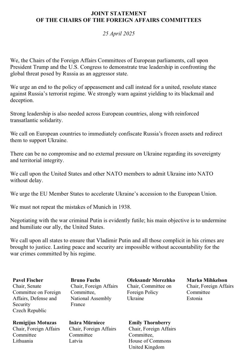 The Chairs of Foreign Affairs Committees of  🇺🇦🇬🇧🇫🇷🇪🇪🇱🇻🇱🇹🇨🇿  call, in their joint statement, not to make compromises at the expense of Ukraine's sovereignty and territorial integrity.
We call on the President of the United States, Donald Trump, and the U.S. Congress to