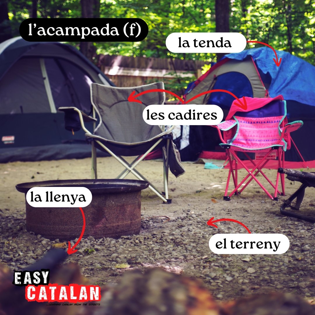 Vas d'acampada? ⛺

VOCABULARI 📝
l'acampada (f) - camping - acampada
la tenda - camping tent - tienda
les cadires - chairs - sillas
la llenya - firewood - leña
el terreny - terrain/site/land - terreno