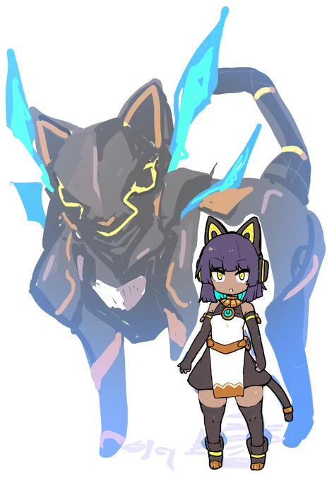お蔵出しアルマちゃん新キャラ『テト』のキャラデザ!海外からきたアルマの妹分ロボで演算能力は神高いがボディは人間レベルでサポートネコメカ「ペル=バスト」やネコミイラくんに移動や行動をサポートしてもらいいろいろがんばる!身長は100cmくらい#アルマちゃんは家族になりたい 