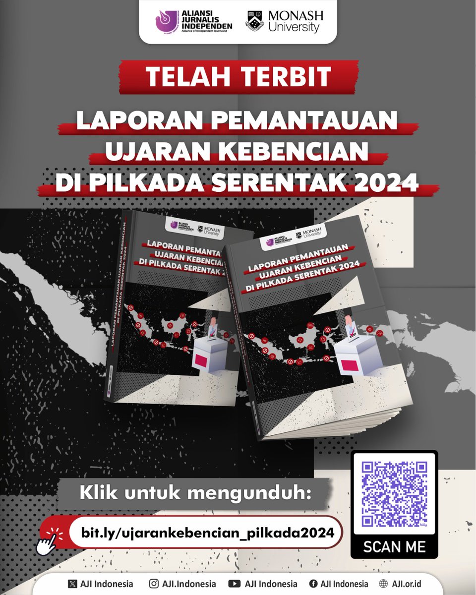 Telah terbit!

Laporan Pemantauan Ujaran Kebencian di Pilkada Serentak 2024. Laporan ini kerja sama antara AJI Indonesia dg Monash University. Perilisan laporan dilakukan setelah selesainya monitoring untuk ujaran kebencian selama Pilkada Serentak 2024. 

bit.ly/ujarankebencia…
