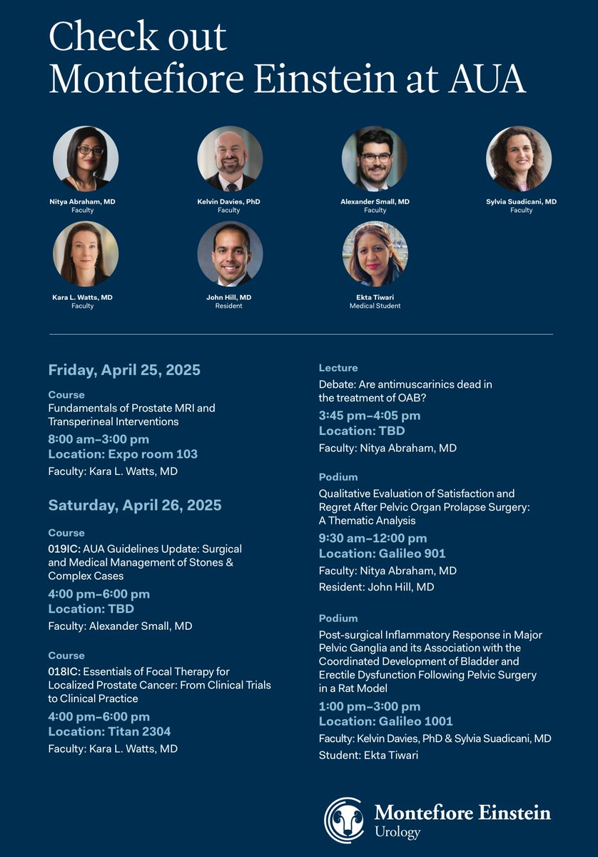 MontefioreUrology (@montefioreuro) on Twitter photo Montefiore Einstein Urology is proud to present at #AUA2025 in Las Vegas, April 25–29! Catch our experts in panels, debates & more on April 25–26. Stay tuned for more updates!
Details: auanet.org/AUA2025
#MontefioreEinstein #MontefioreEinsteinUrology <a href="/AmerUrological/">Amer. Urol. Assn.</a> Montefiore Einstein Urology is proud to present at #AUA2025 in Las Vegas, April 25–29! Catch our experts in panels, debates & more on April 25–26. Stay tuned for more updates!
Details: auanet.org/AUA2025
#MontefioreEinstein #MontefioreEinsteinUrology <a href="/AmerUrological/">Amer. Urol. Assn.</a>